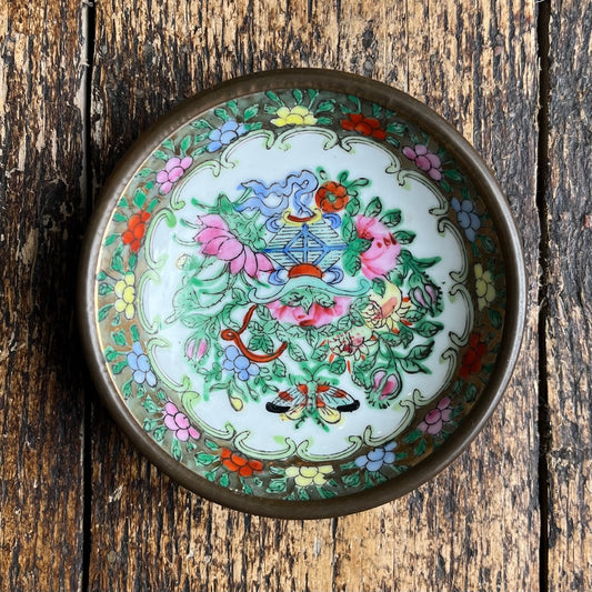 Vintage Chinese Porcelain and Brass Bowl